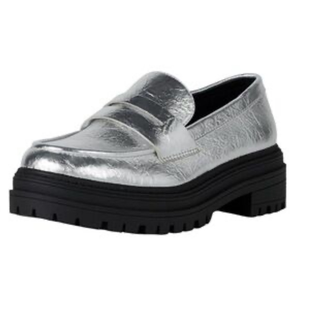 New penny loafers crinkle silver Women's chunky shoes 8.5